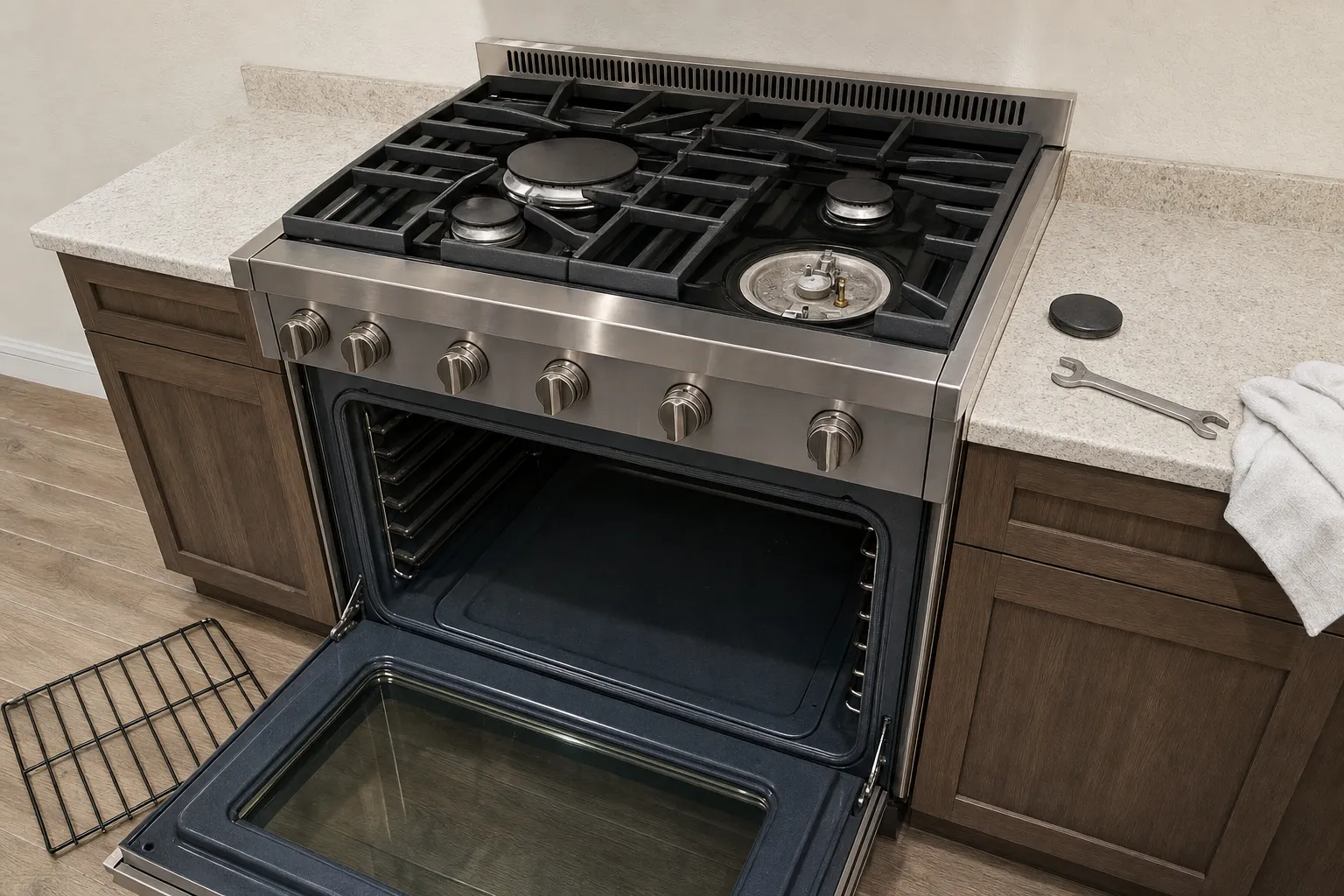 Pro-style stainless gas range, oven door open and empty, one sealed burner taken apart with its cap on the counter