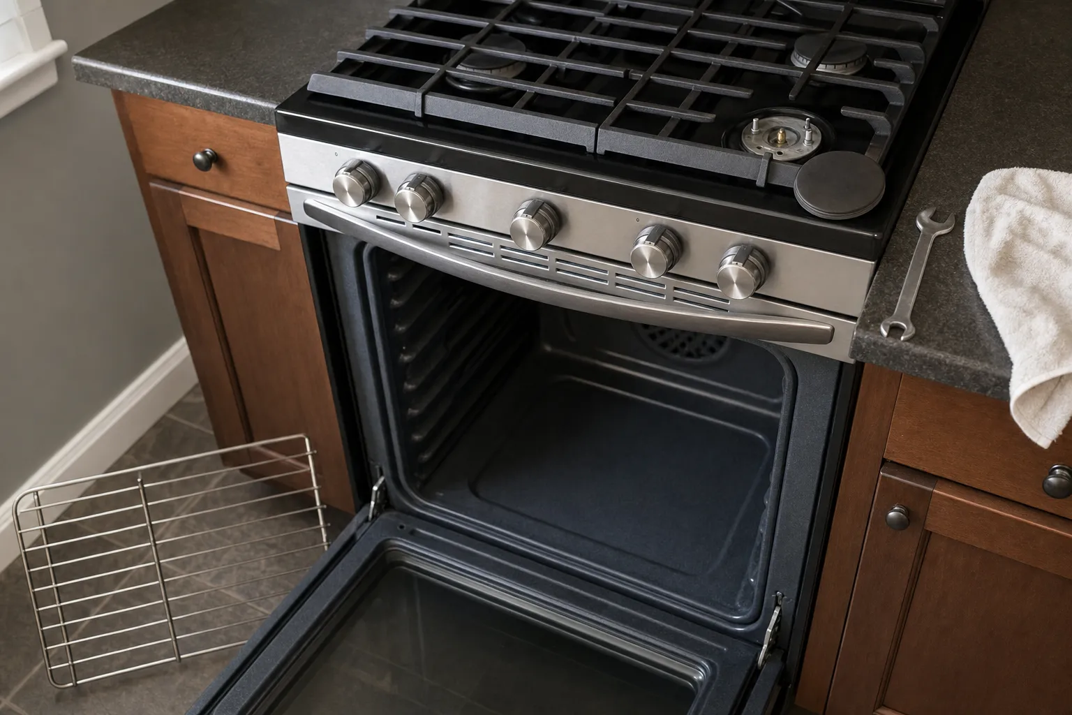 Close-up of a gas range control panel, oven door lowered and one burner opened up with the cap set aside