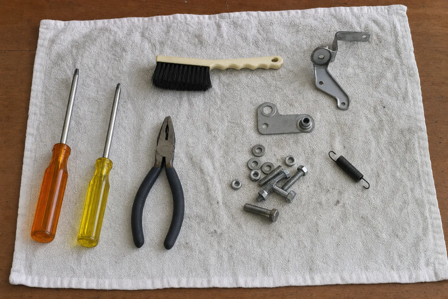 Oven door hinge plates, a spring, bolts and washers laid out on a towel with screwdrivers, pliers and a brush
