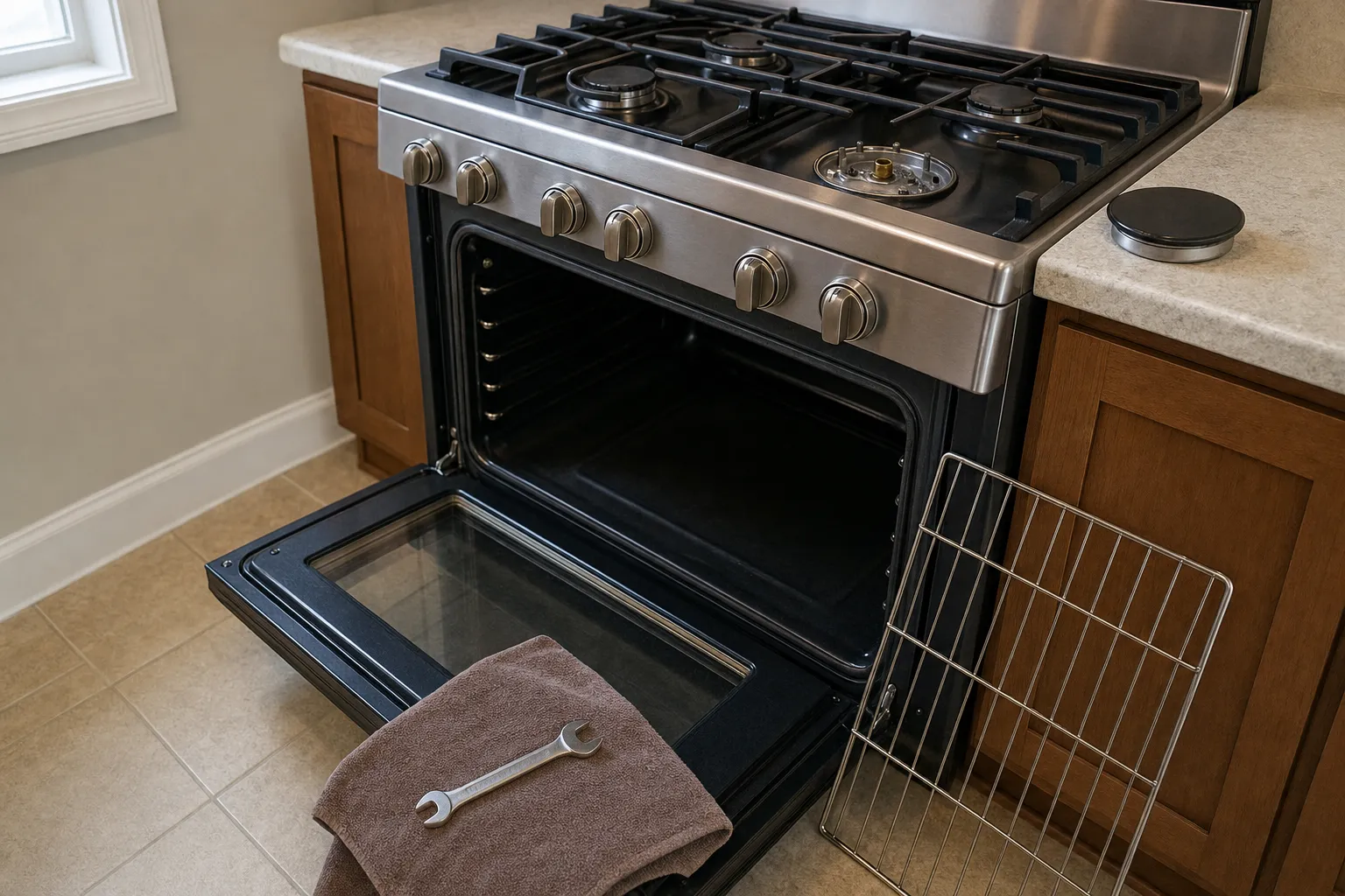 Stainless gas range with the oven door down and a rack removed, wrench on a towel across the open door