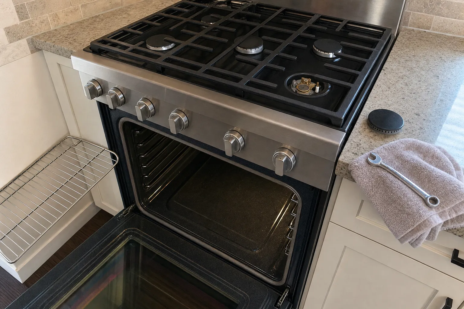 Cast-iron grates on a gas rangetop with one burner base exposed, oven door open and a rack propped alongside