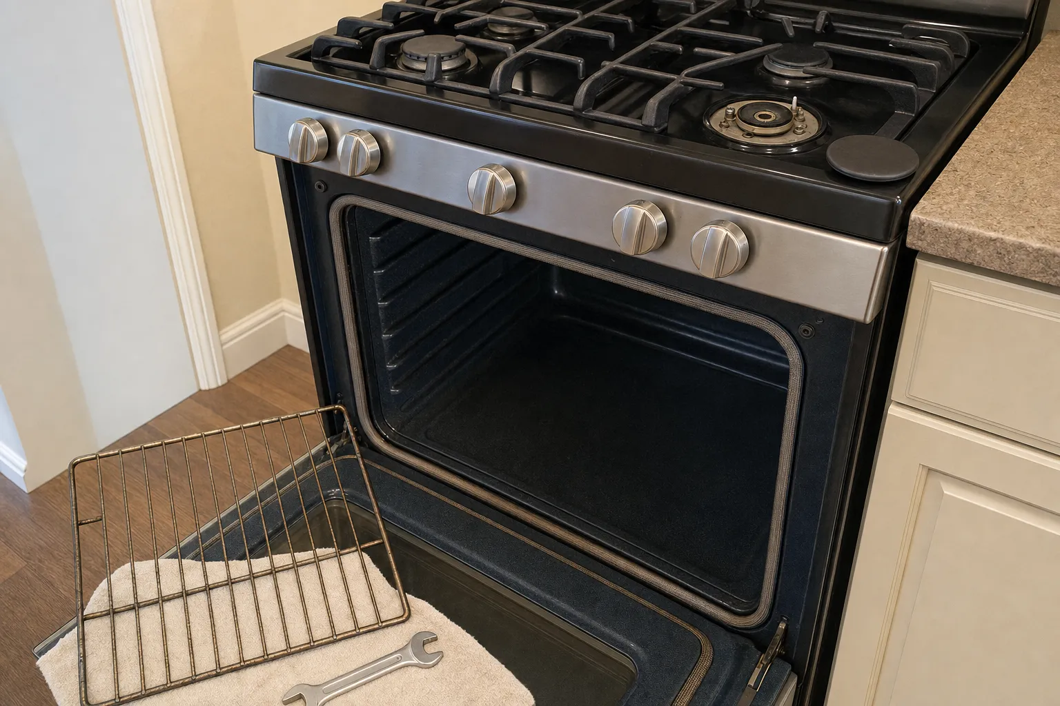 Black and stainless gas range with the oven emptied, an oven rack and a wrench on a towel on the floor