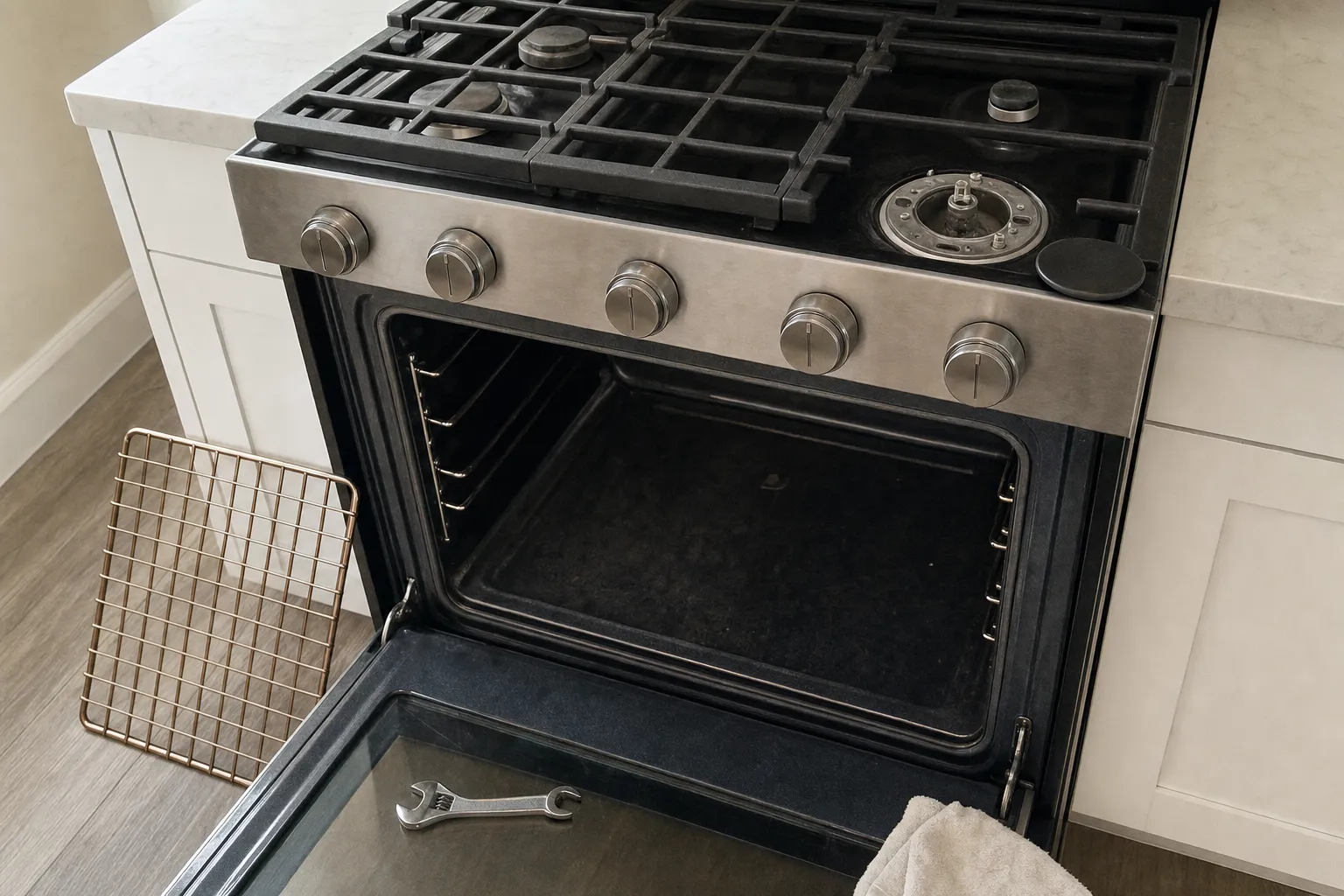 Gas range with both oven racks removed and one burner base exposed, adjustable wrench on the open door