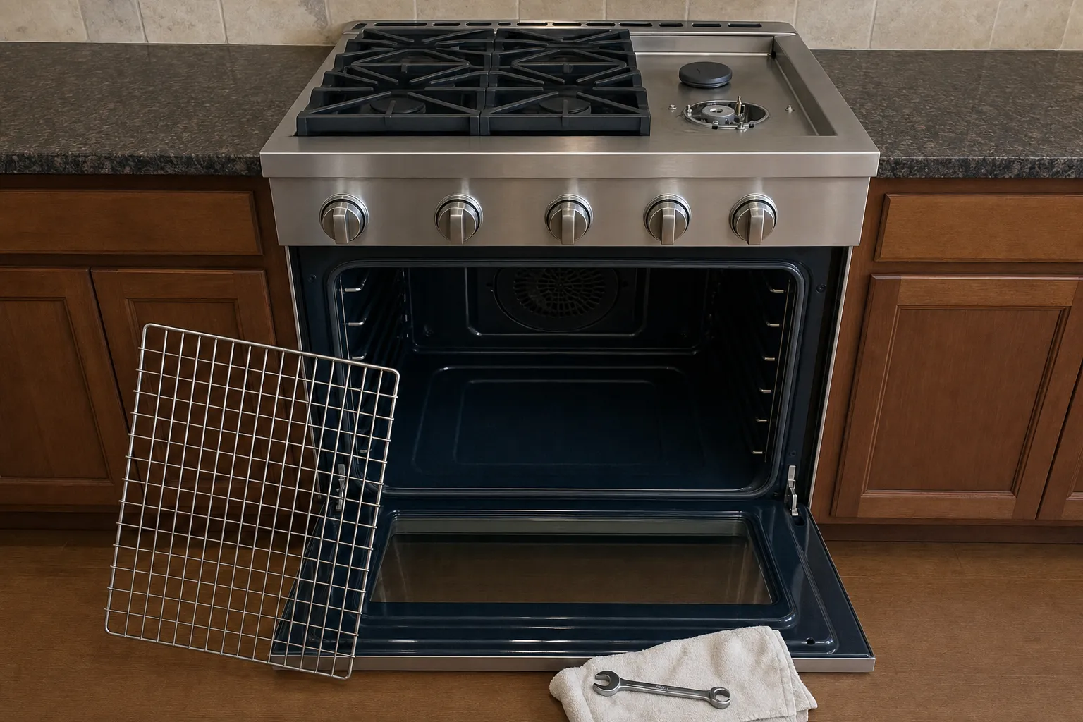 Stainless pro-style gas range, oven door open on an empty cavity and convection fan, rack propped against it
