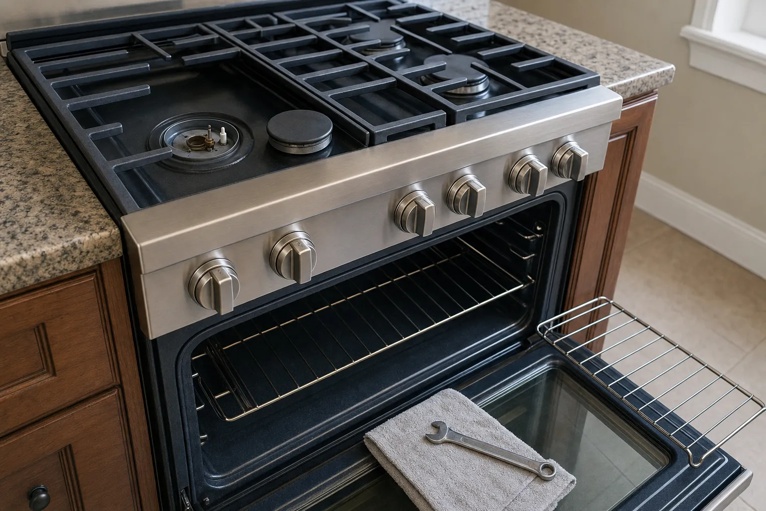 Sealed gas burner opened to its igniter electrode, cap set aside on the grates, oven door lowered behind