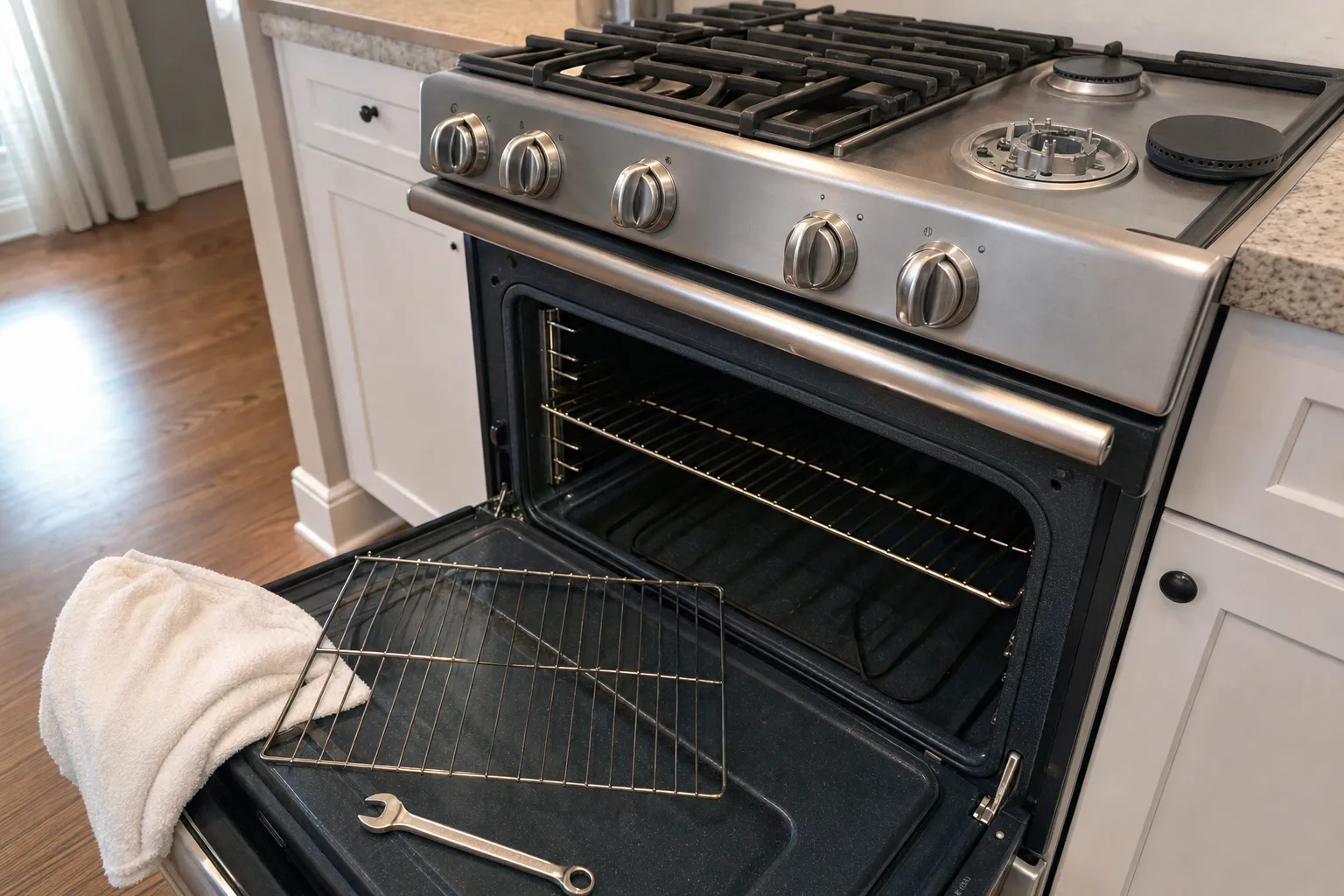 Stainless gas range in white shaker cabinets with the oven door down, one rack still in the cavity and another on the door with a wrench