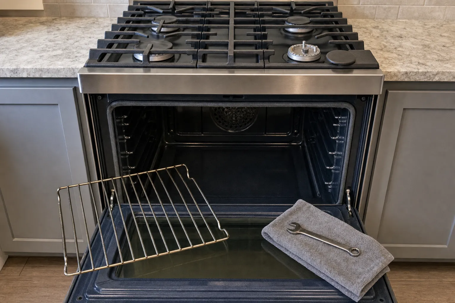 Gas range set between grey cabinets, oven door down with a rack and a folded grey towel and wrench on it, one burner cap removed