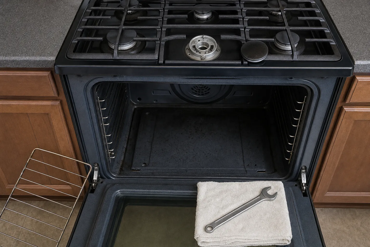 Black five-burner gas cooktop seen from above with the centre burner cap off, oven cavity empty below and a wrench on the open door